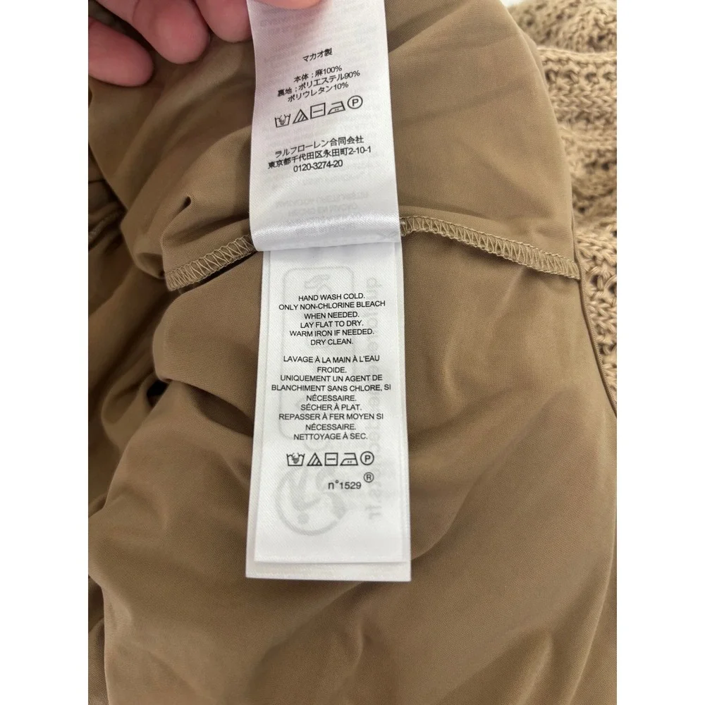 NWT Lauren Ralph Lauren Tan Crochet knit Midi Skirt 100% Linen Side Slit X-Small